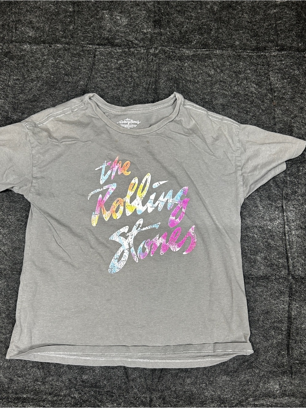 the Rolling Stones Gray Kids Tee with Multicolor Script